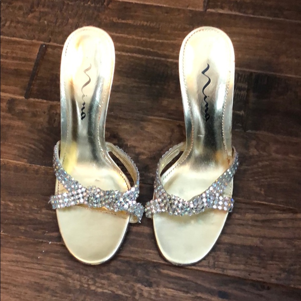 Nina Gold Crystal Embellished Slide Heels